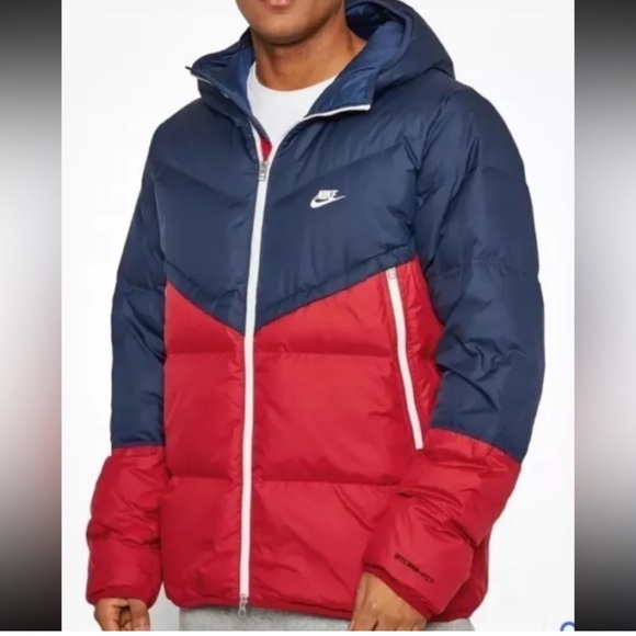 NIKE Puffer Jacket Medium Men Blue Red Storm Fit Windrunner Down Fill Hooded Zip - Picture 2 of 12